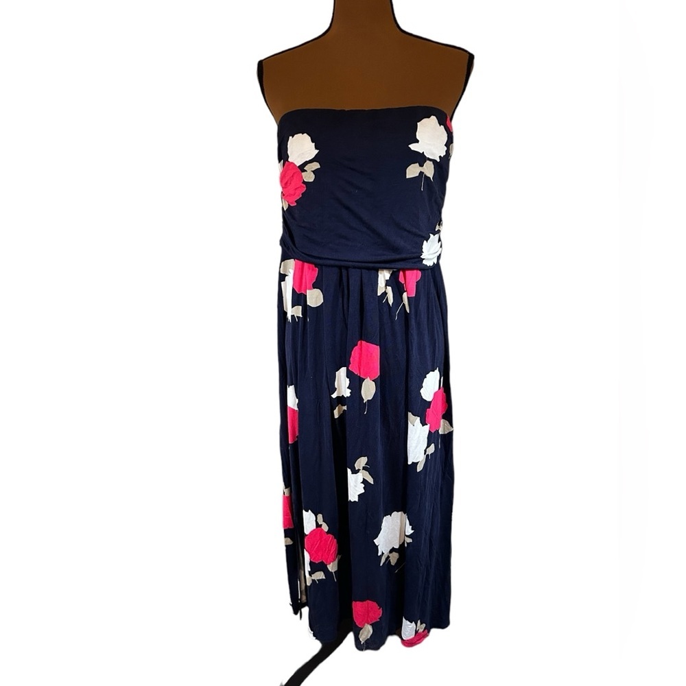 Lane Bryant Navy Strapless Midi Dress with Pink and White Floral Print